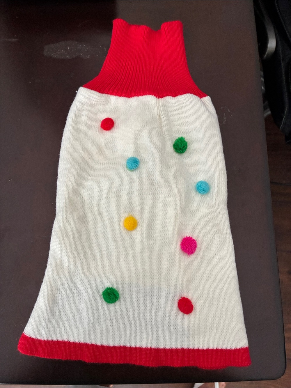 Girls White Knit Dress with Red Trim and Multicolor Pom-Poms